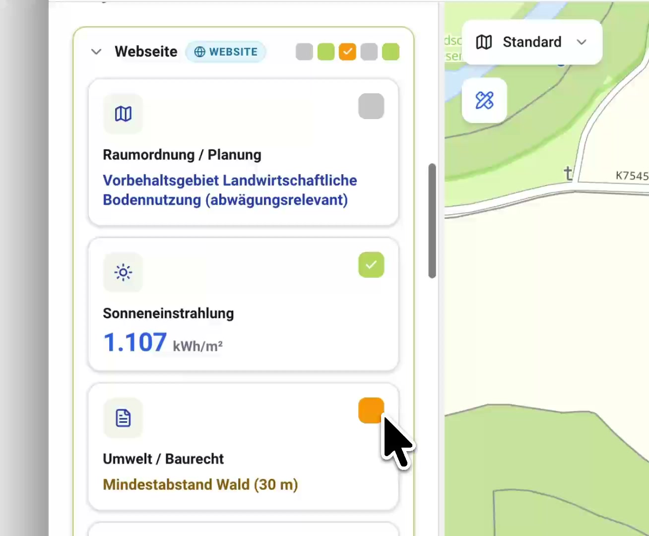 Interne Bewertung eines Leads: Kategorien mit Ampel-Status und Messwerten