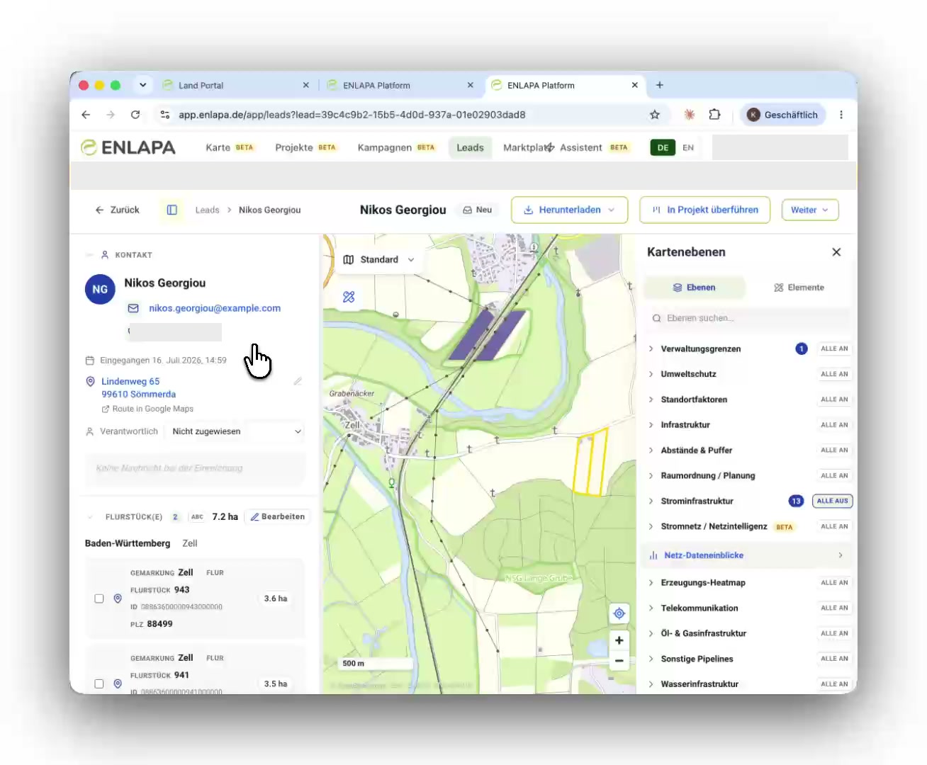 Lead file in the inbox: contact, parcels and map