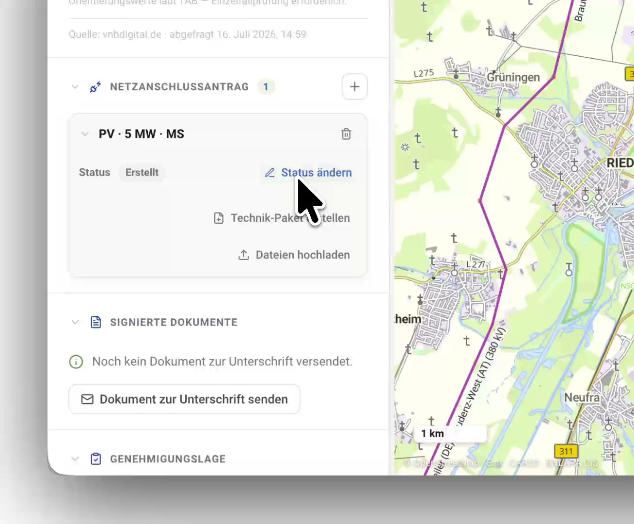 Grid connection request on the lead with status and documents