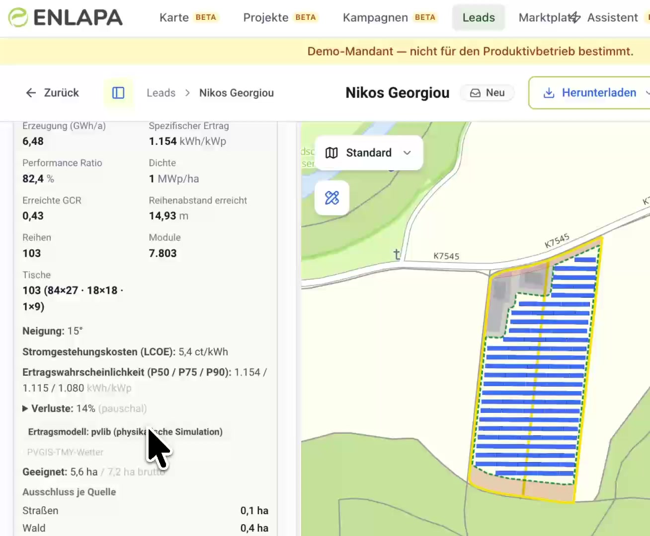 PV layout planning with yield forecast and levelised cost of electricity on the cadastral parcel