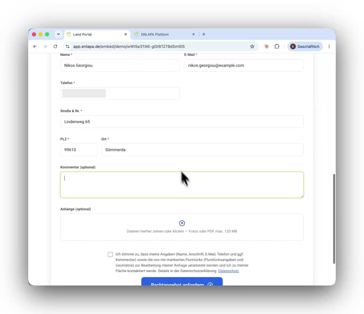 Completed contact form of the public site check including consent