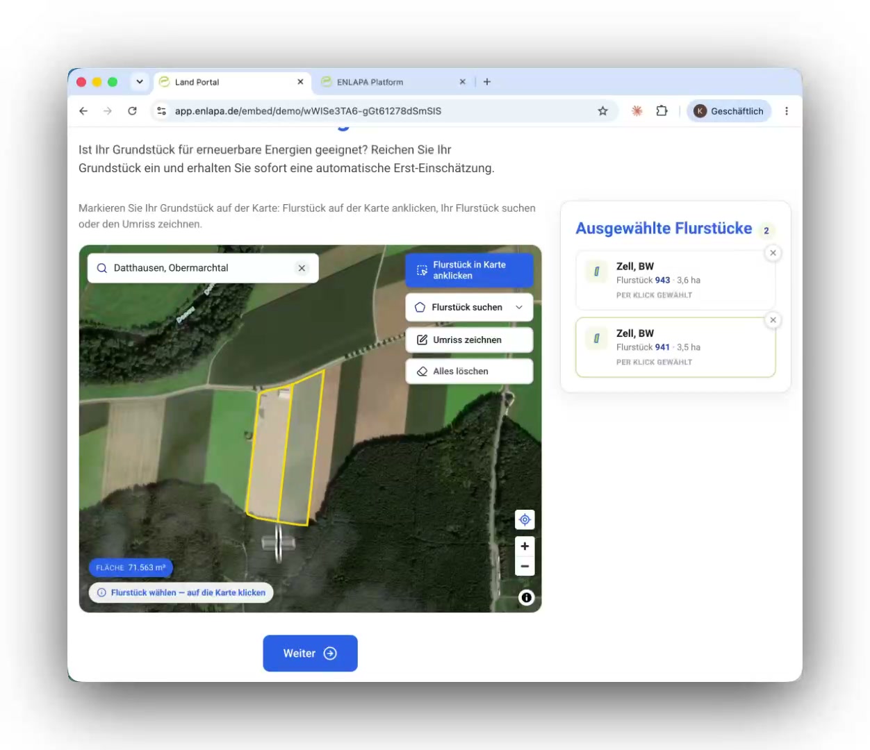 Two parcels selected by click with official geometry in the public site check