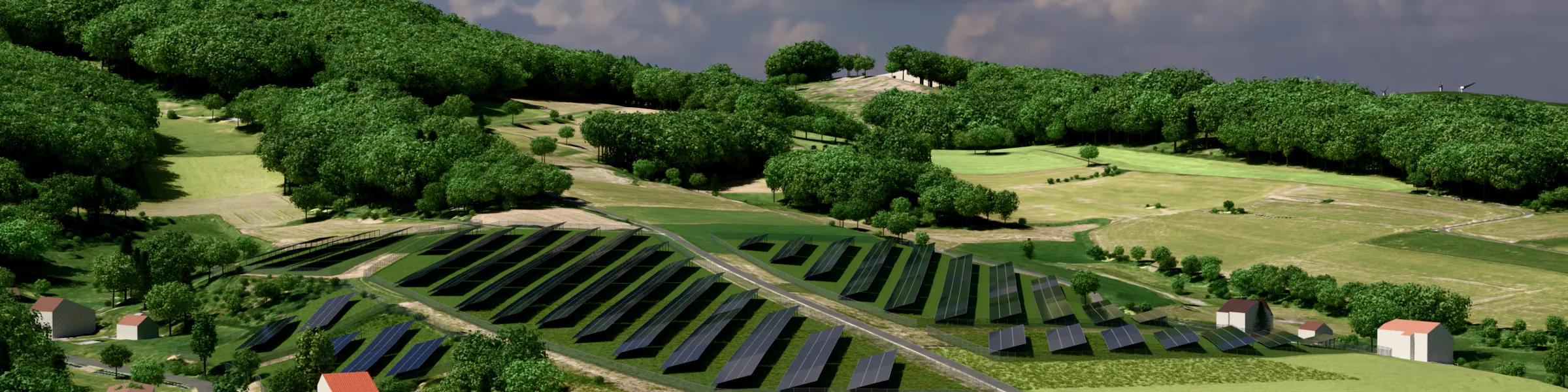 Eye-level visualisation of a solar park in hilly countryside